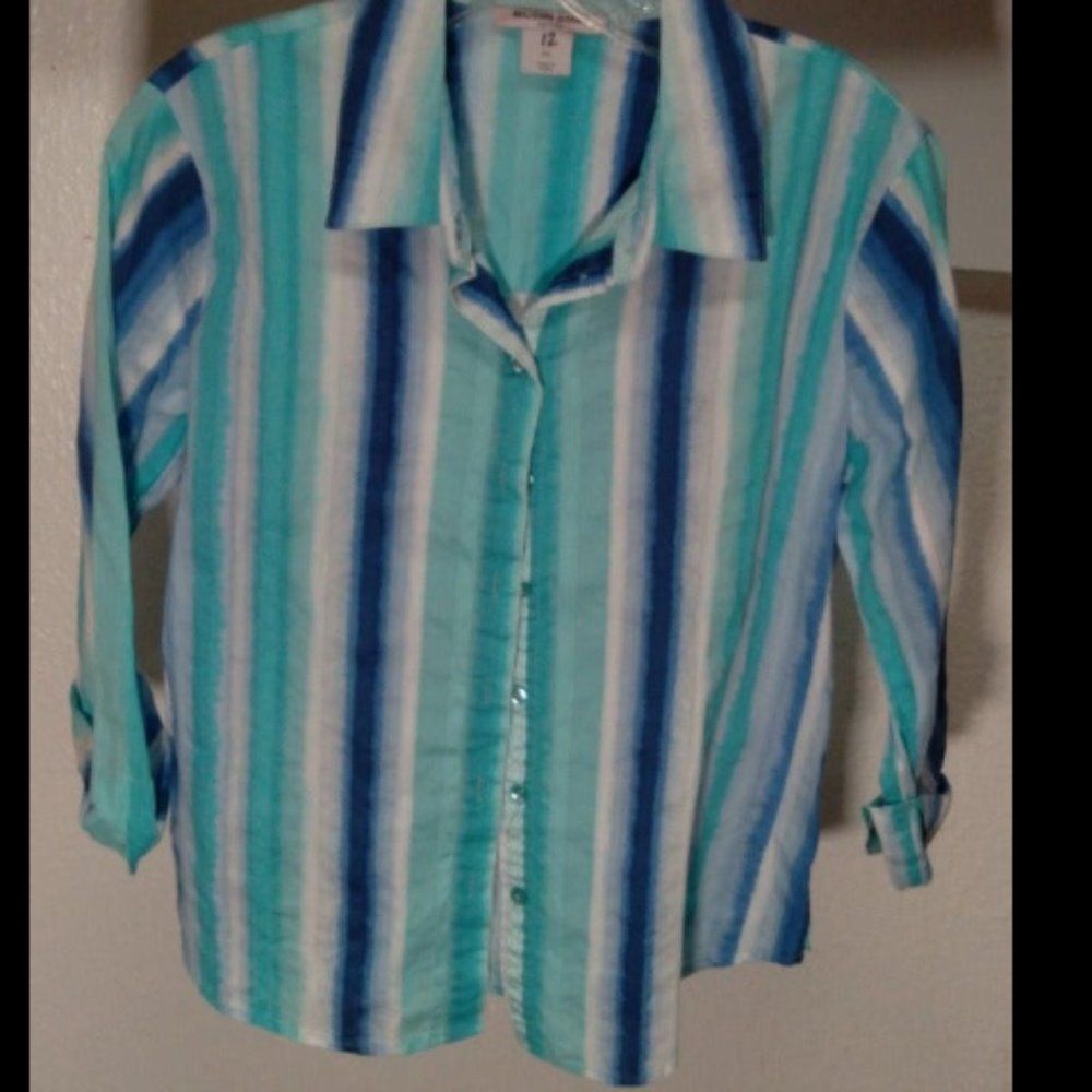Allison Daley Petites Striped Button Up Blouse 3/4 Sleeves PS